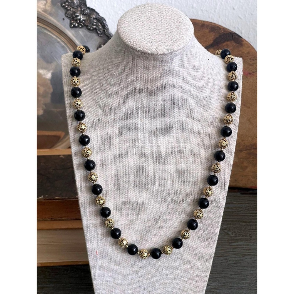 Vintage 28" Black Onyx & 4/20 Gold Filled Filigree Bead Statement Necklace 61g